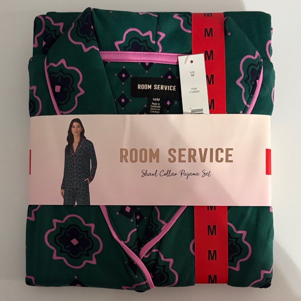 Room Service Green and Pink Shawl Collar Pajama Set